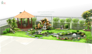 Thi công sân vườn với hồ cá koi kết hợp hòn non bộ